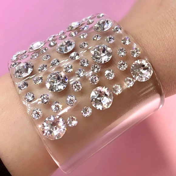 Clear Acrylic Swarovski Crystal Embellished Wide Chunky Cuff Bracelet for Women - Picture 14 of 17